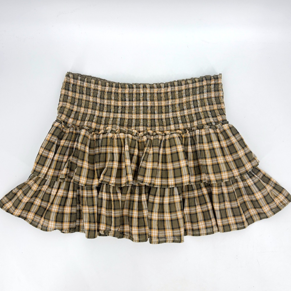 American Eagle Women's Plaid Smocked Tiered Ruffle Mini Skirt Green XL Academia